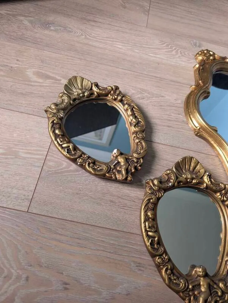 Stunning 3-Piece Vintage Gilt Mirror Set Rococo & Cherub Style - Image 4