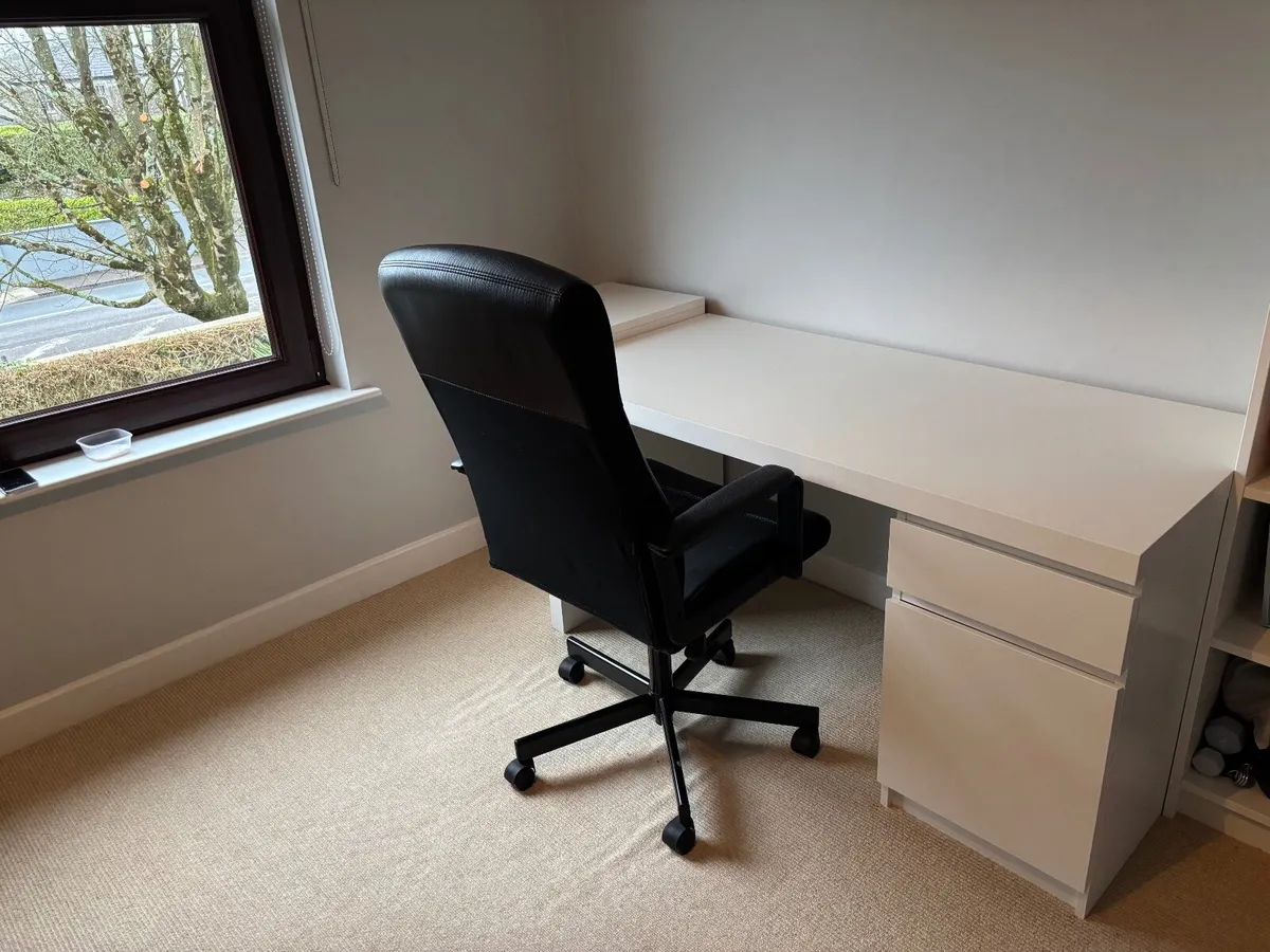 White Ikea Desk with drawers and chair - Image 1