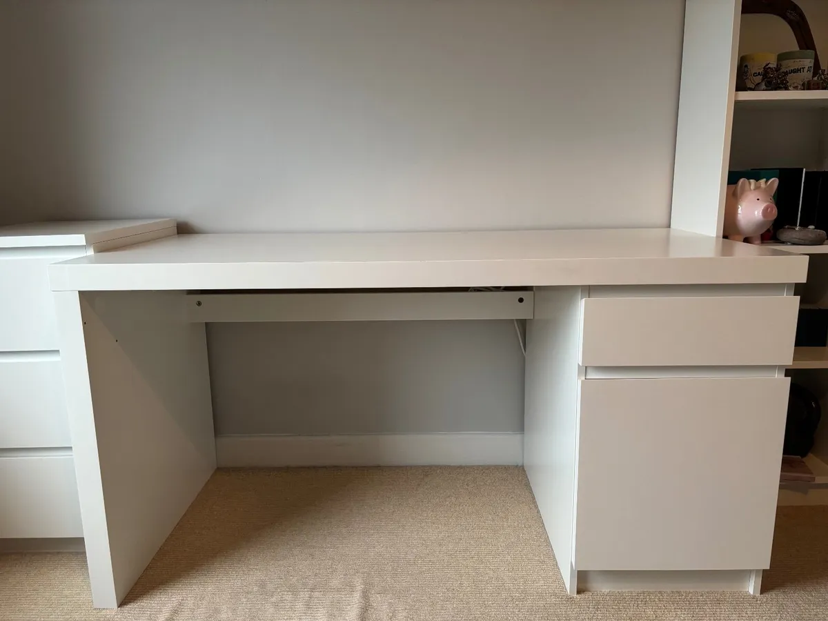 White Ikea Desk with drawers and chair - Image 2
