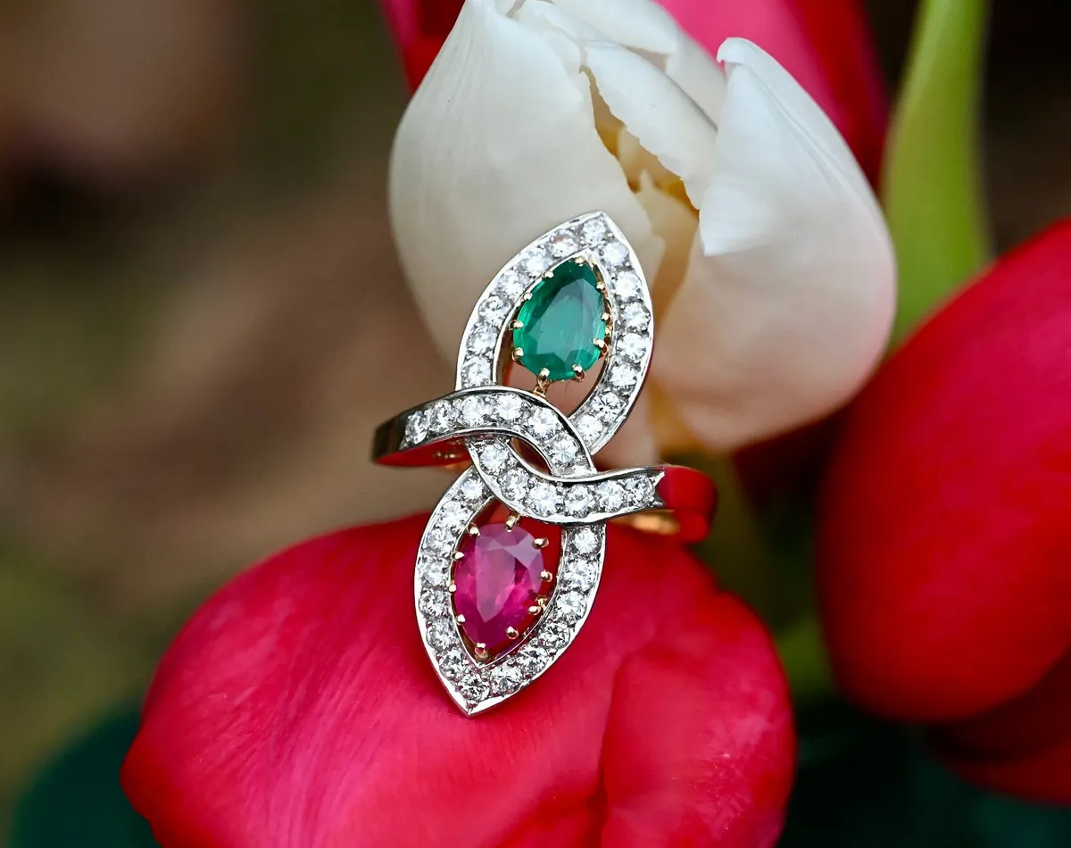 Vintage 1960s  Emerald, Ruby & Diamond Ring - Image 1