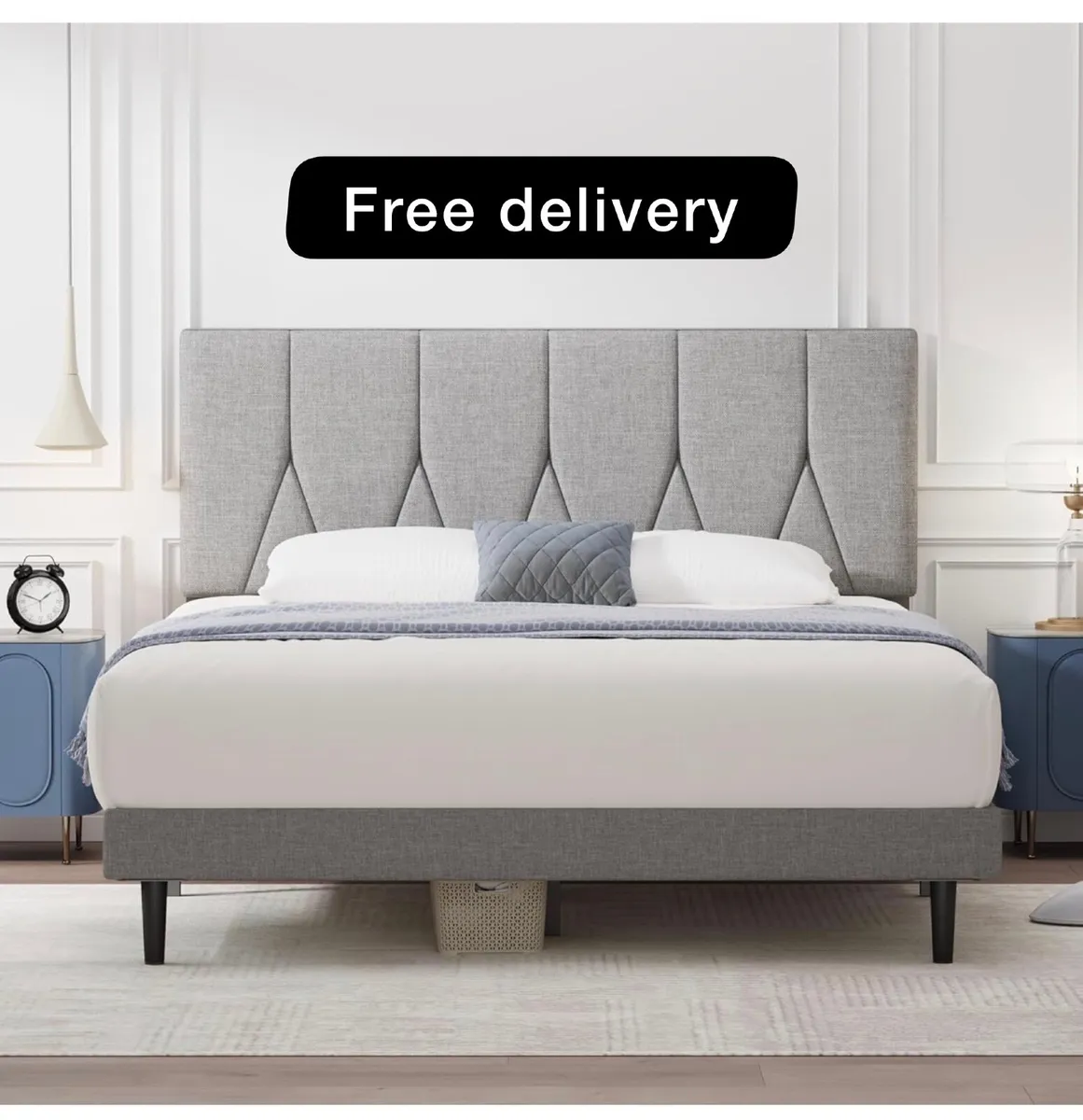 King Bed Frame, Light Grey, Upholstered Wooden Sla - Image 1