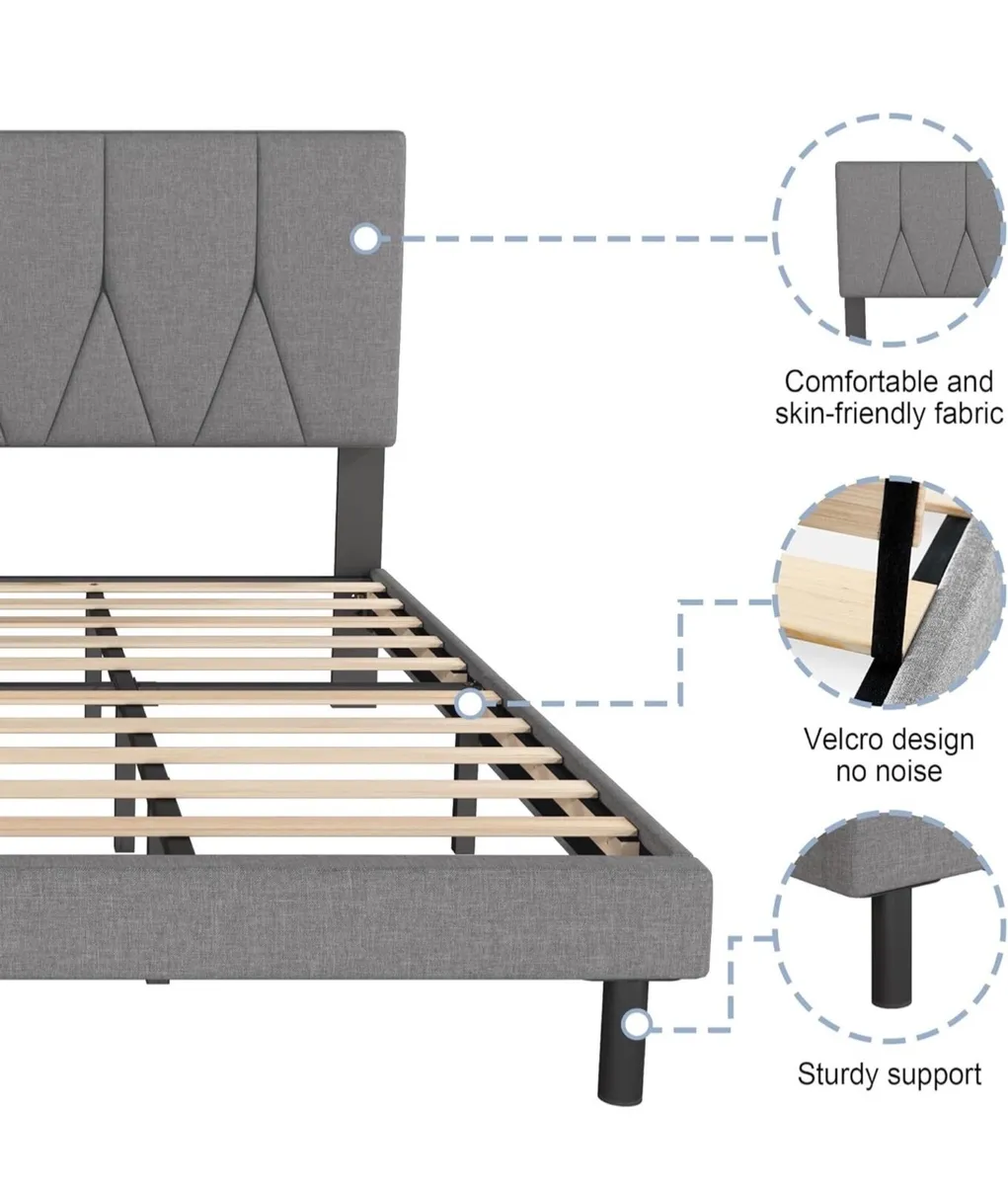 King Bed Frame, Light Grey, Upholstered Wooden Sla - Image 4