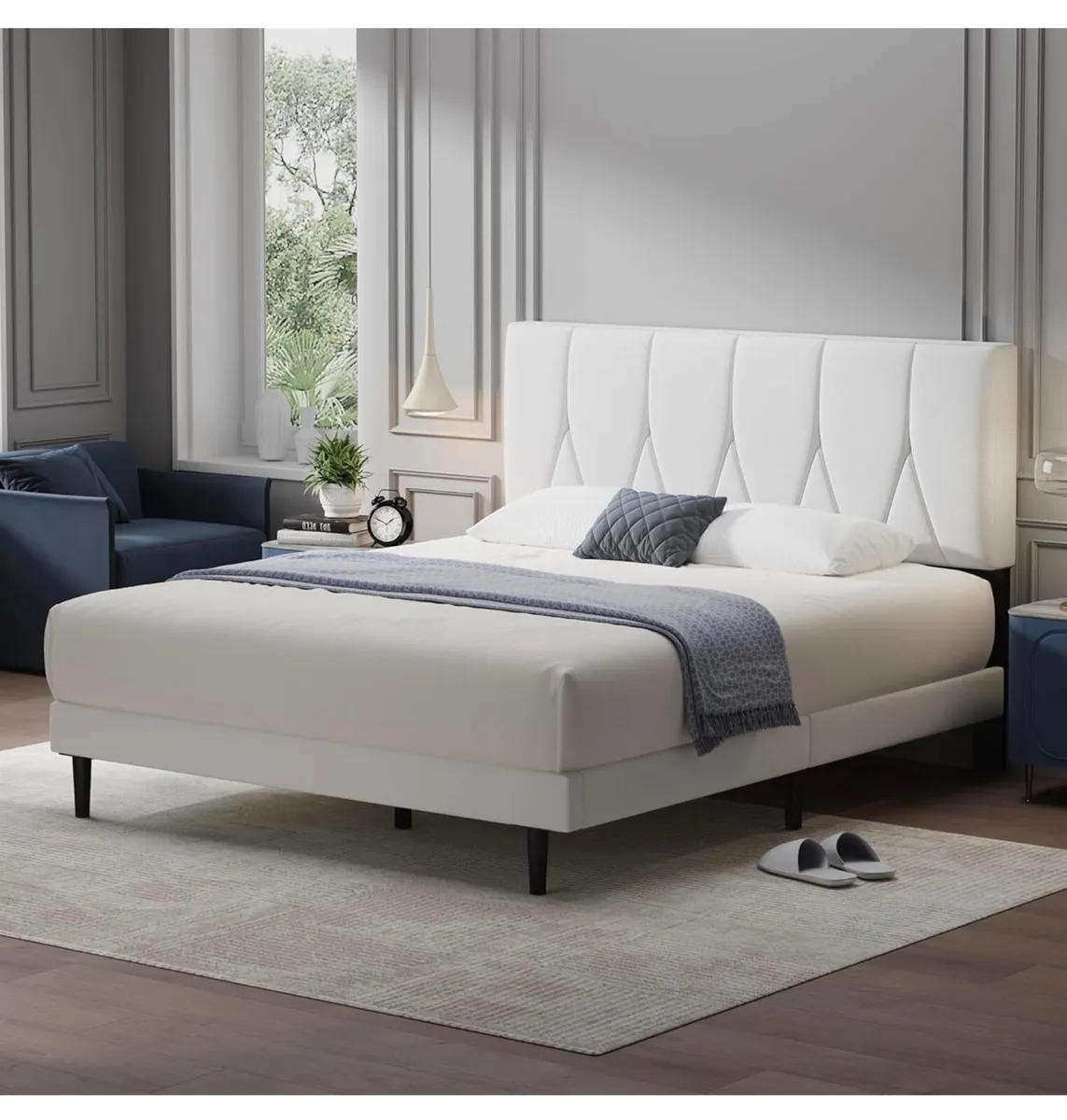 King Bed Frame, White, Upholstered Wooden Slat Bed - Image 1