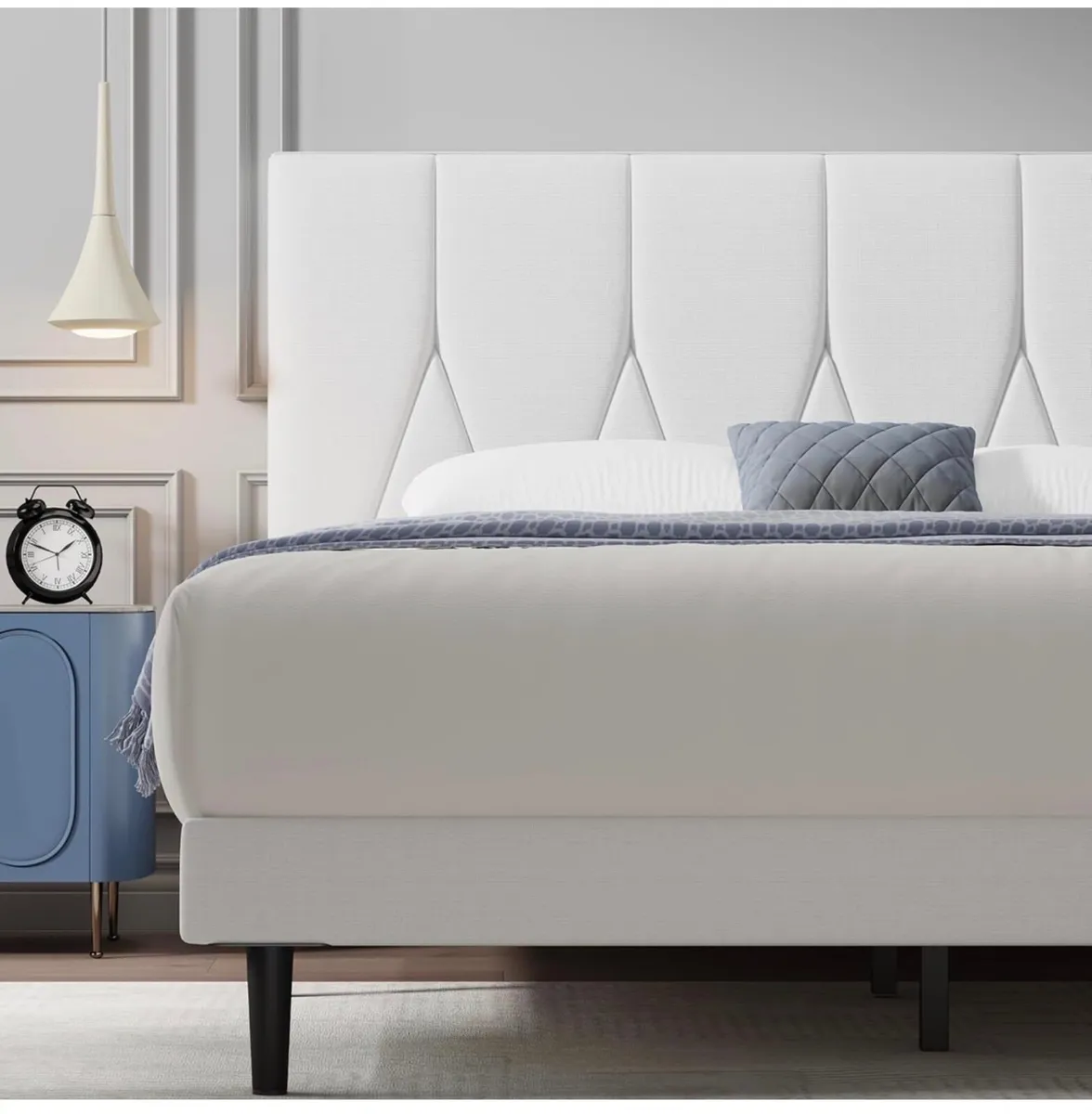 King Bed Frame, White, Upholstered Wooden Slat Bed - Image 2