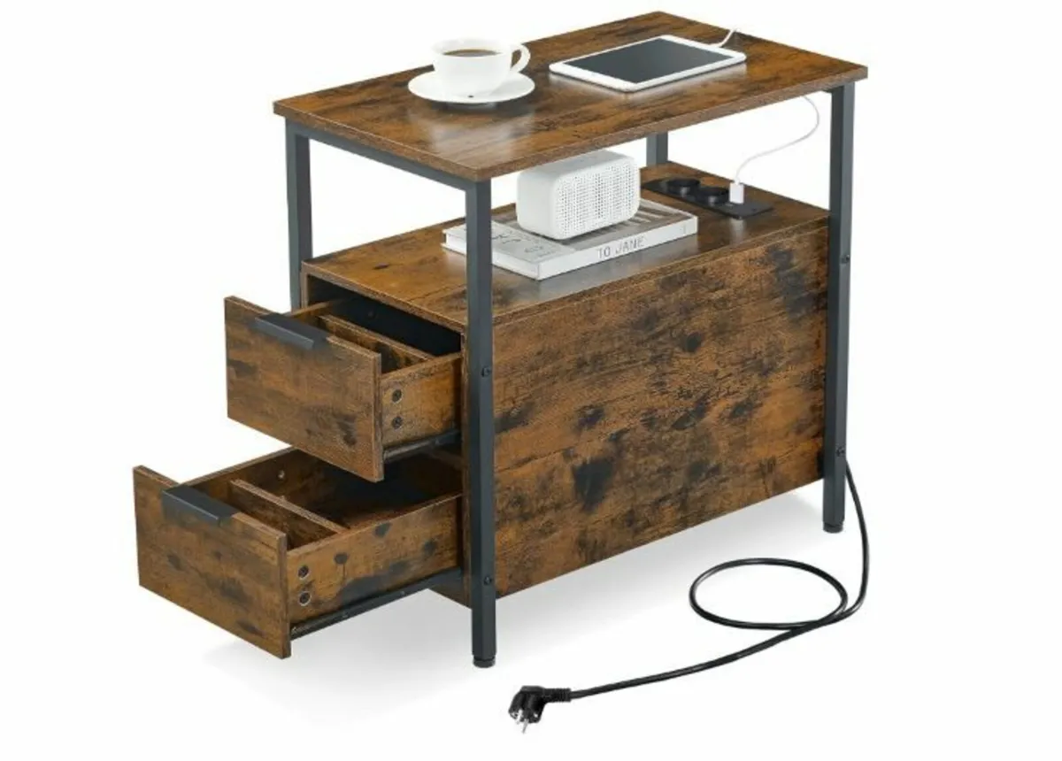 Side Table, Bedside Table with Power Strip - Image 4