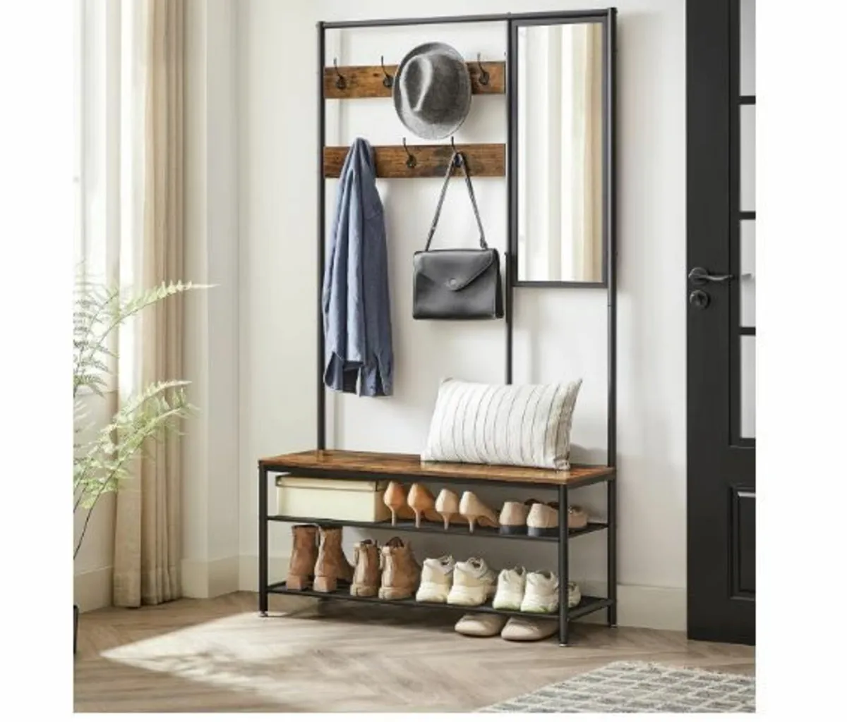 Coat Rack with Hooks Mirror Bench - Image 2