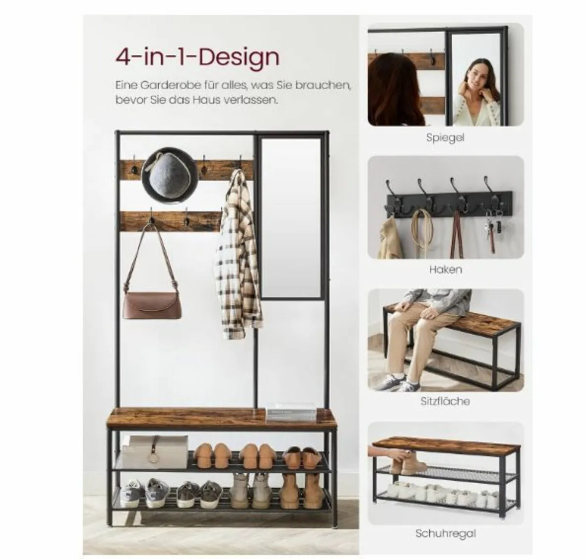 Coat Rack with Hooks Mirror Bench - Image 3