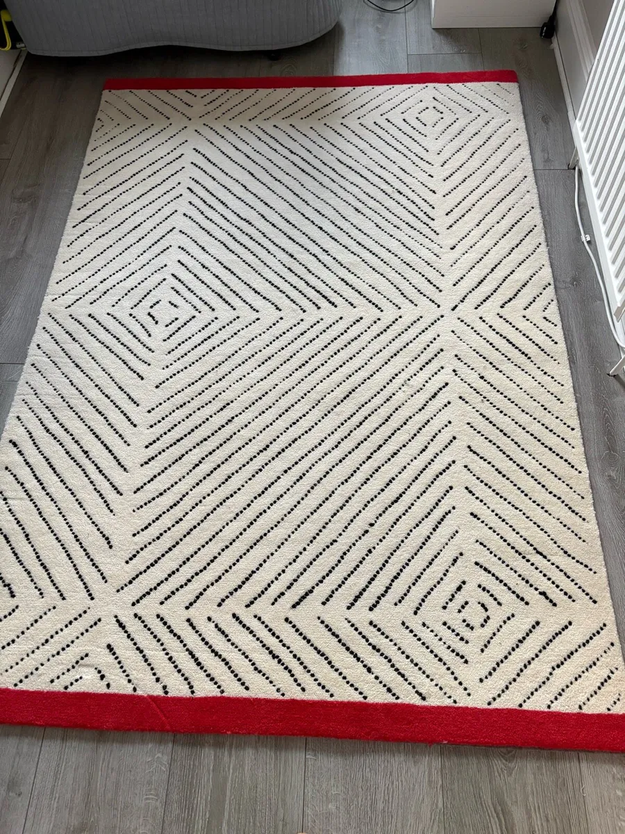 Handmade Wool Rug - Cream & black with red trim - Image 1