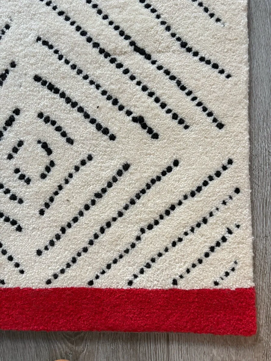 Handmade Wool Rug - Cream & black with red trim - Image 3