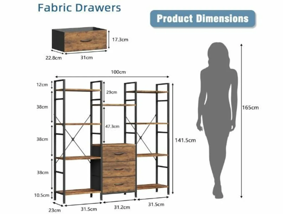 100 W x 142 cm Bookcase with 4 Fabric Drawers - Image 4