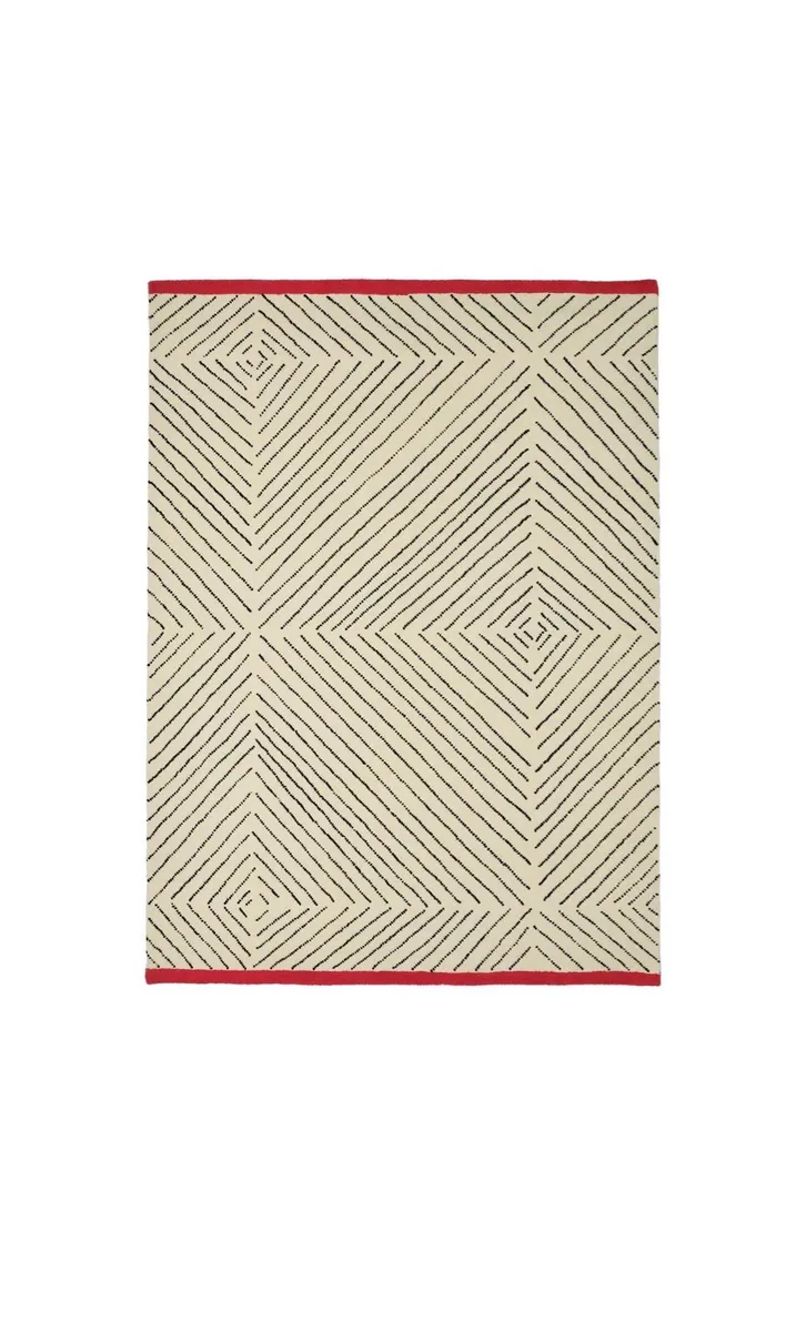 Handmade Wool Rug - Cream & black with red trim - Image 2