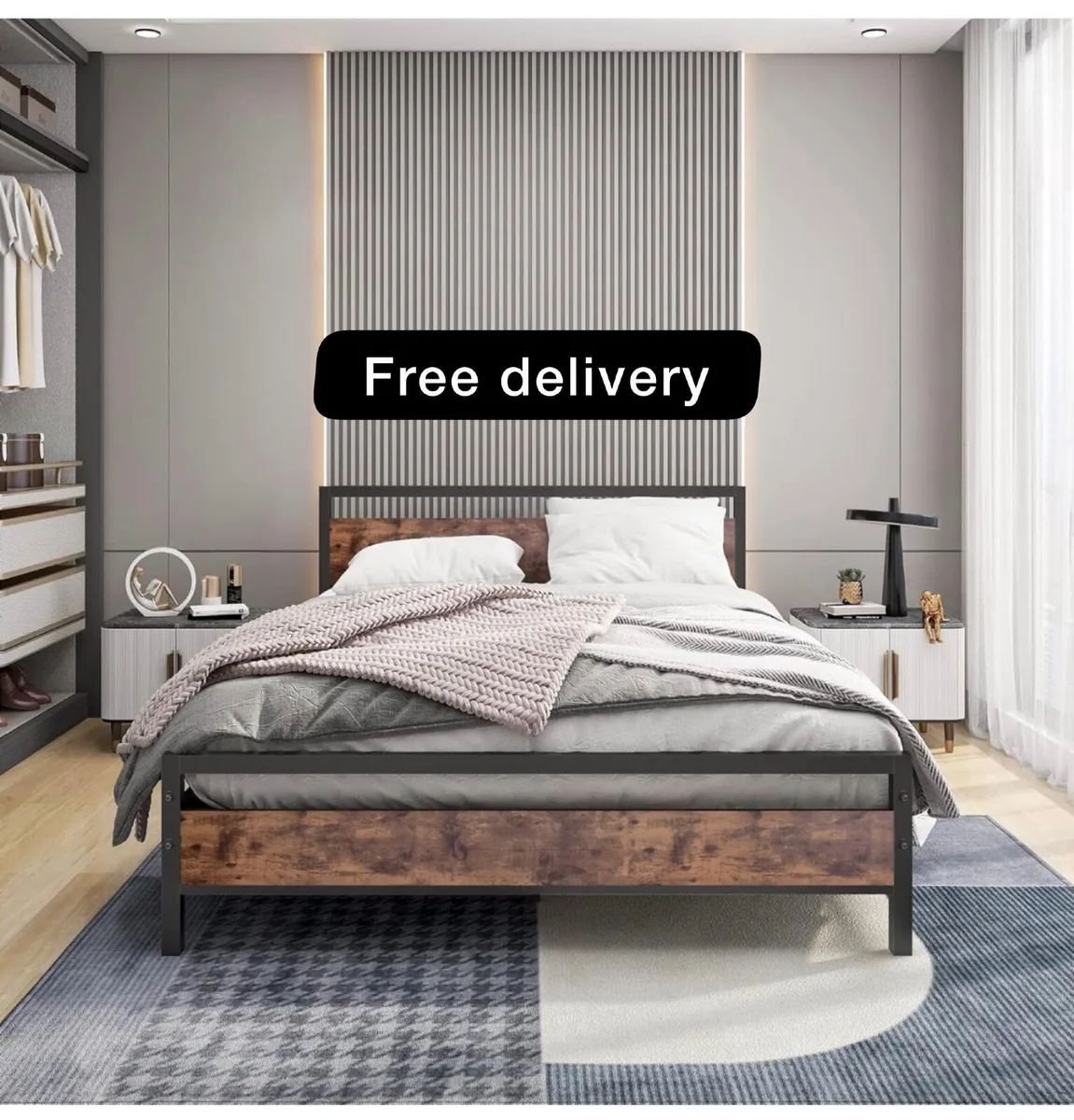 King Size Bed Frame with Wood Headboard,Heavy Duty - Image 1