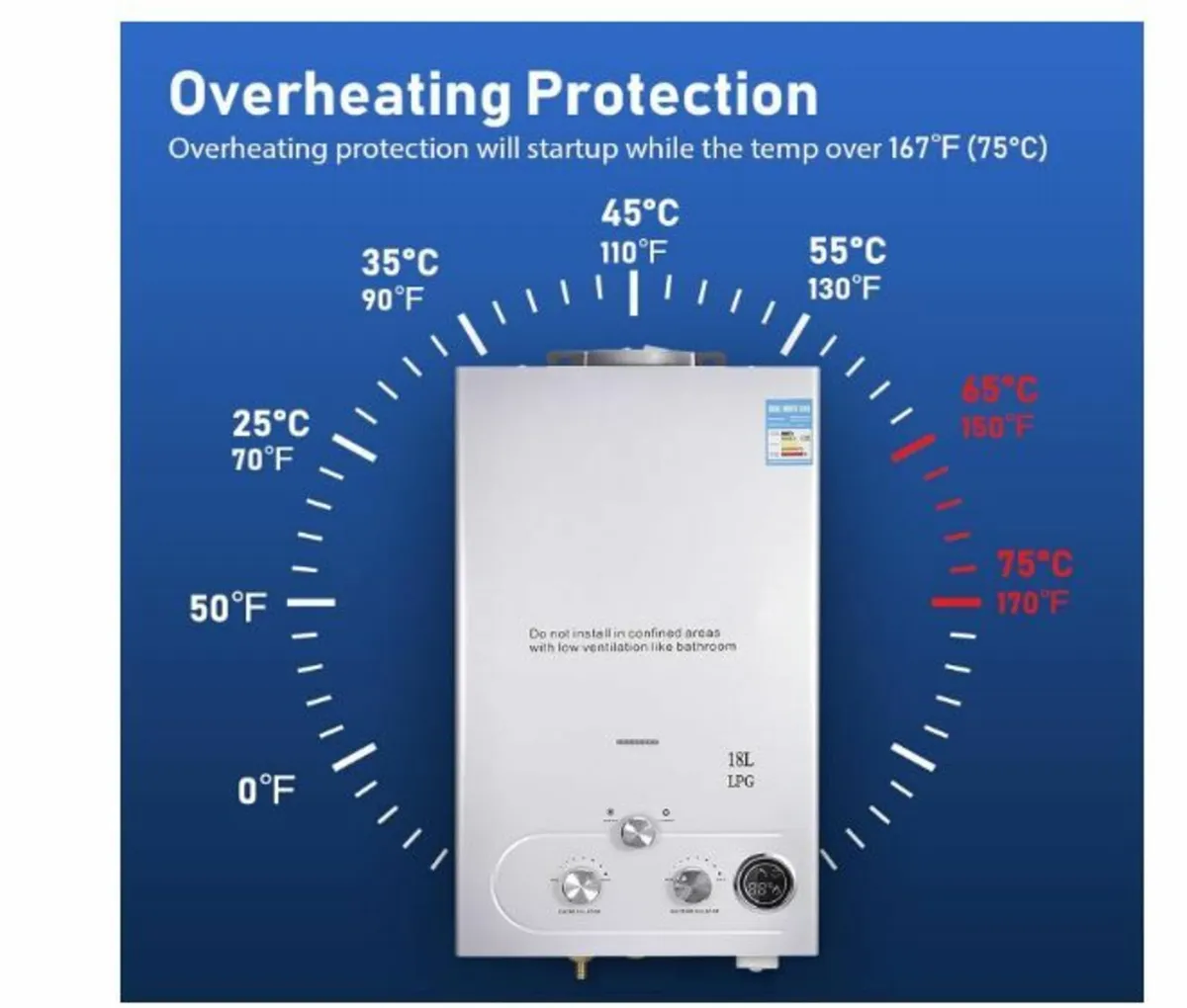 18L Gas Instantaneous Water Heater, 32 KW LPG - Image 2