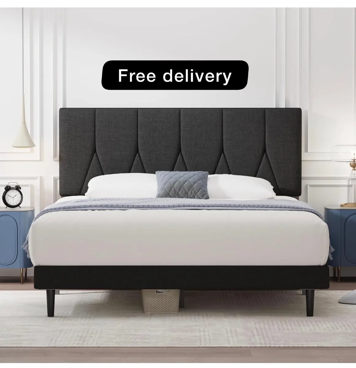 King Bed Frame, Black, Upholstered Wooden Slat Bed - Image 1