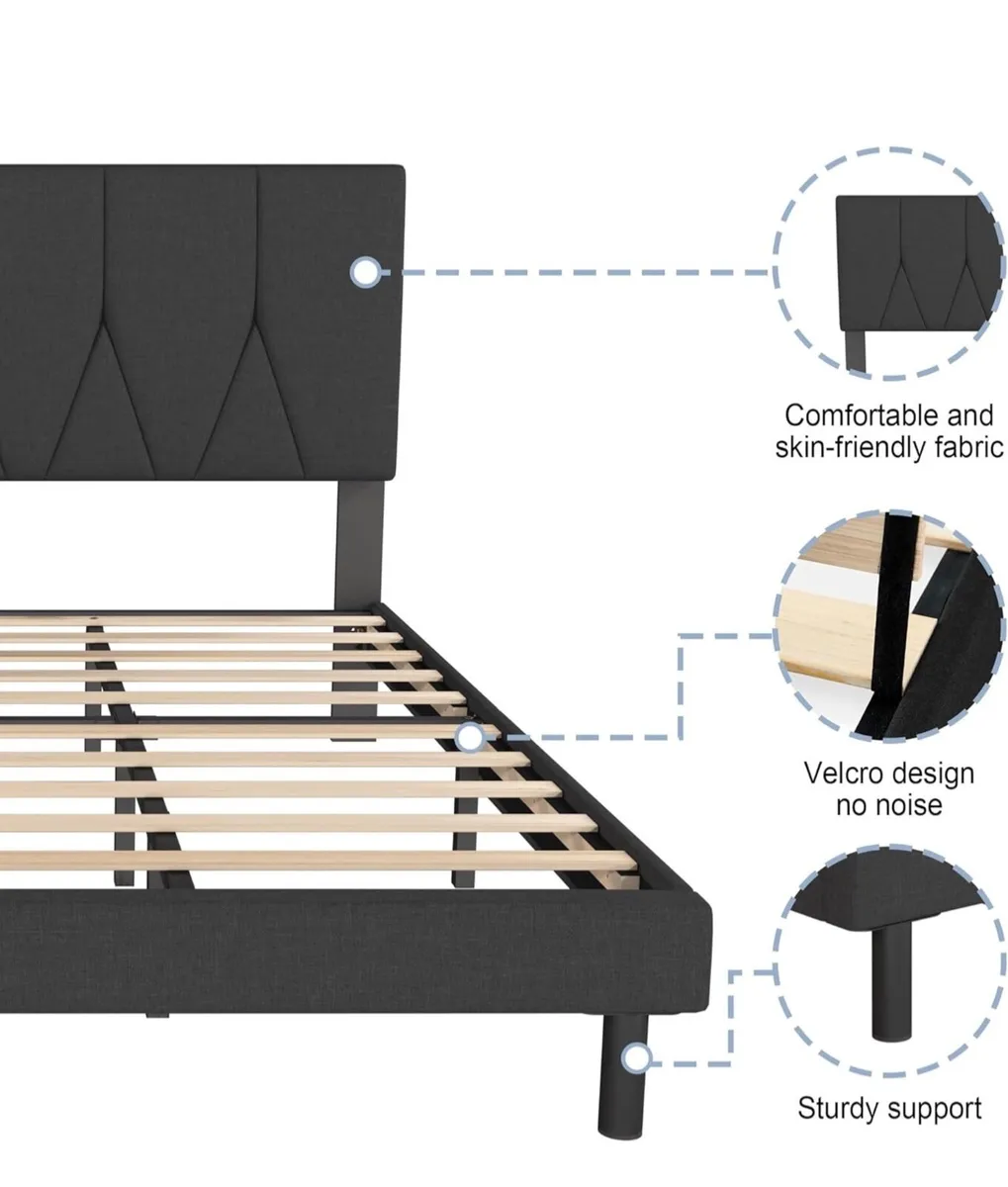 King Bed Frame, Black, Upholstered Wooden Slat Bed - Image 4