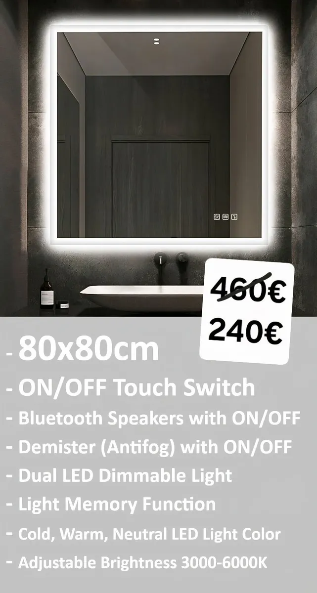 LED Bathroom Mirror Bluetooth Speakers Antifog - Image 1