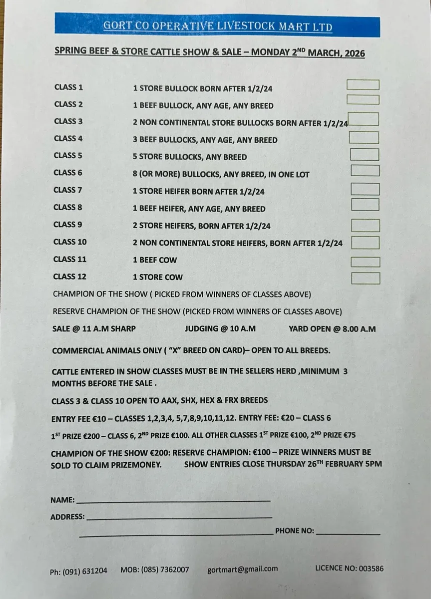 Gort Mart Cattle Show & Sale : Mon 2nd March - Image 1