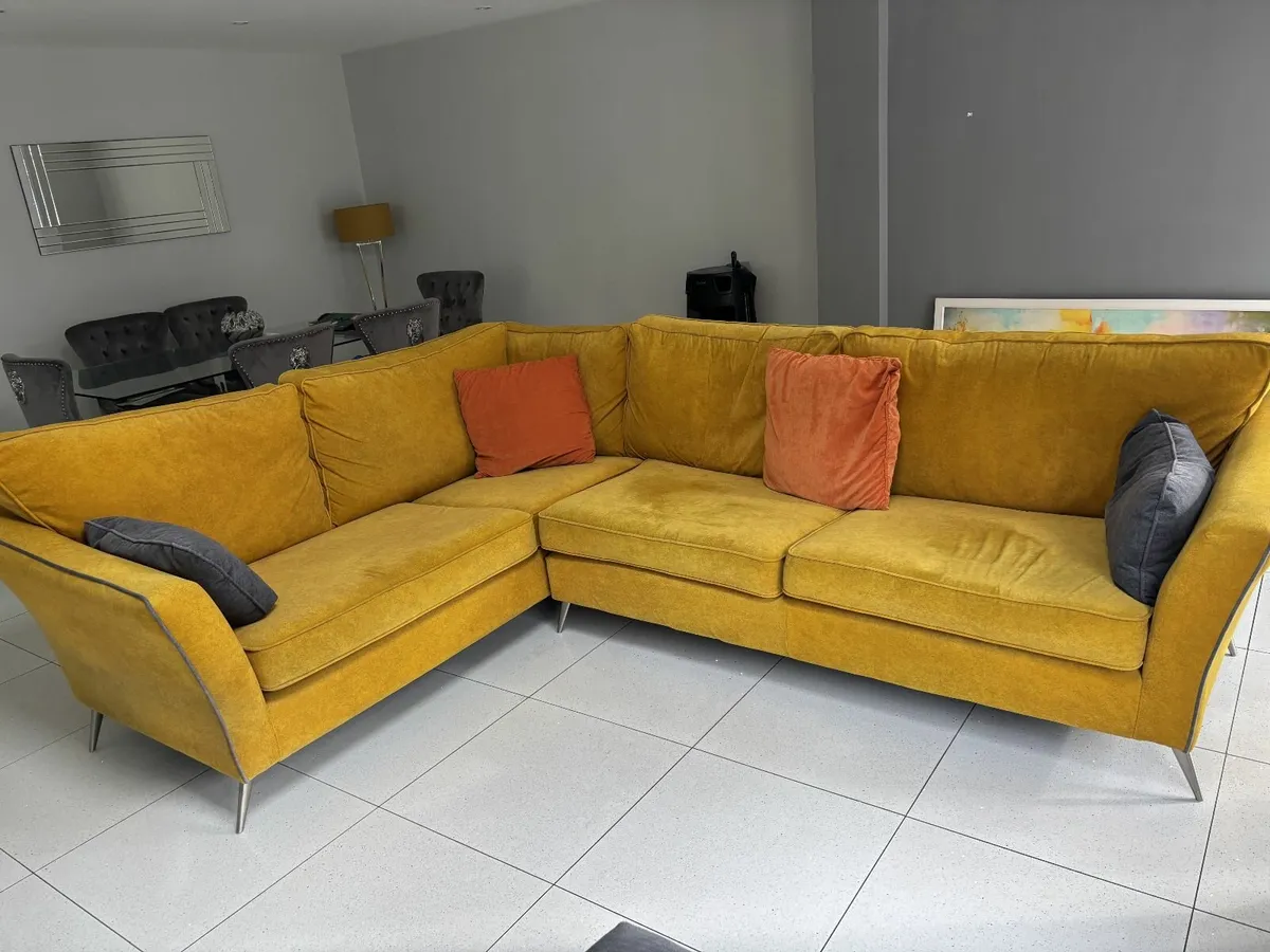 Custom made corner sofa in mustard and  grey