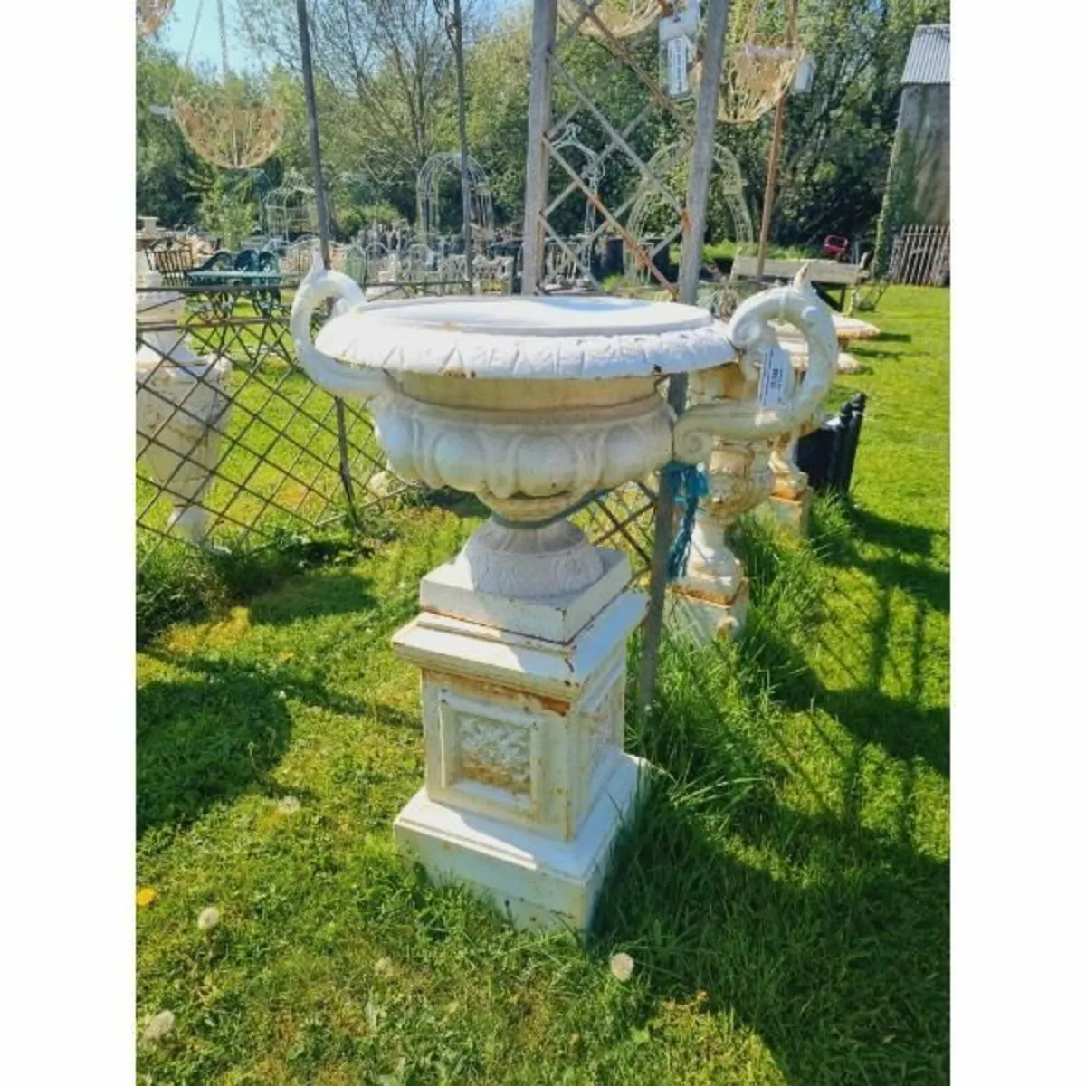 Pair of Cast Iron Urns on Pedestals H397 - Image 1