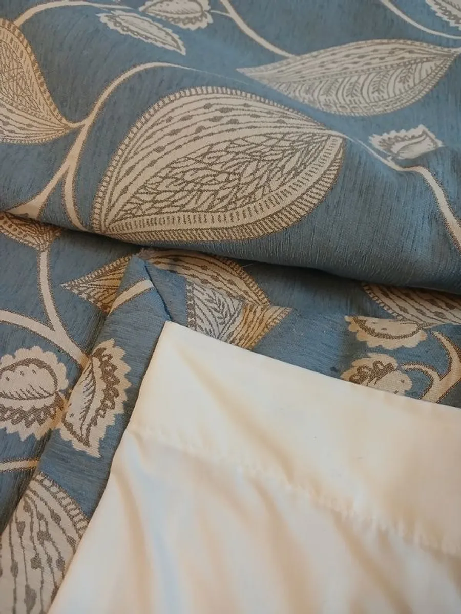 Curtains - light blue & pale gold - modern leaf motif - Heavy - Thermal - Image 4