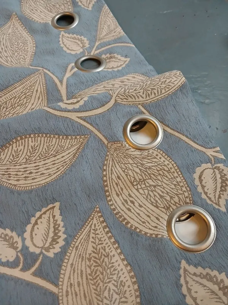 Curtains - light blue & pale gold - modern leaf motif - Heavy - Thermal - Image 1