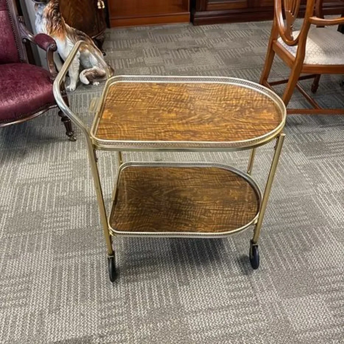 Mid century oak tier serving trolley with brass su