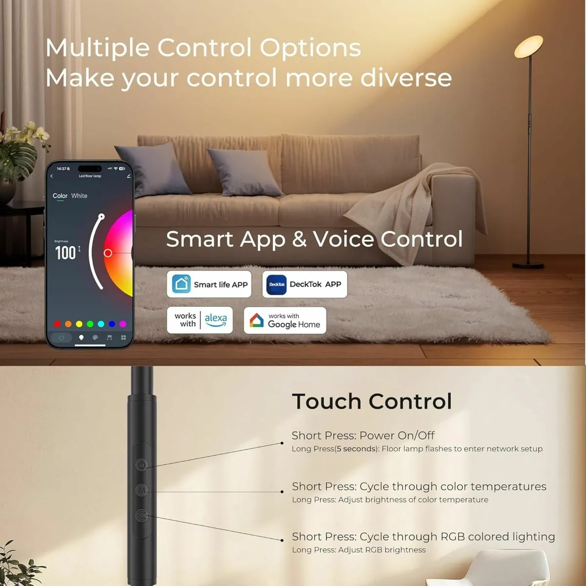 Smart Floor Lamp 2800LM RGBWW Standing Lamps for - Image 2