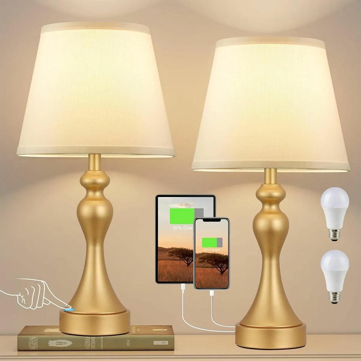 Dimmable Bedside Lamps Set of 2 with USB A+C - Image 1
