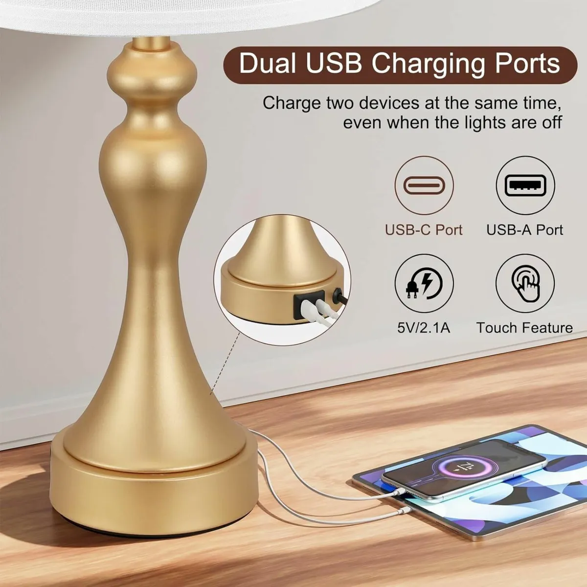 Dimmable Bedside Lamps Set of 2 with USB A+C - Image 2