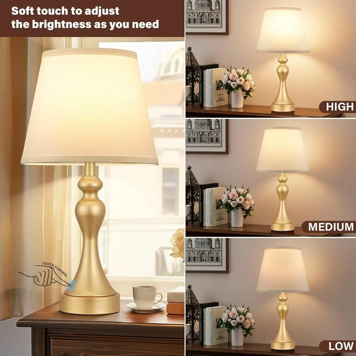 Dimmable Bedside Lamps Set of 2 with USB A+C - Image 3