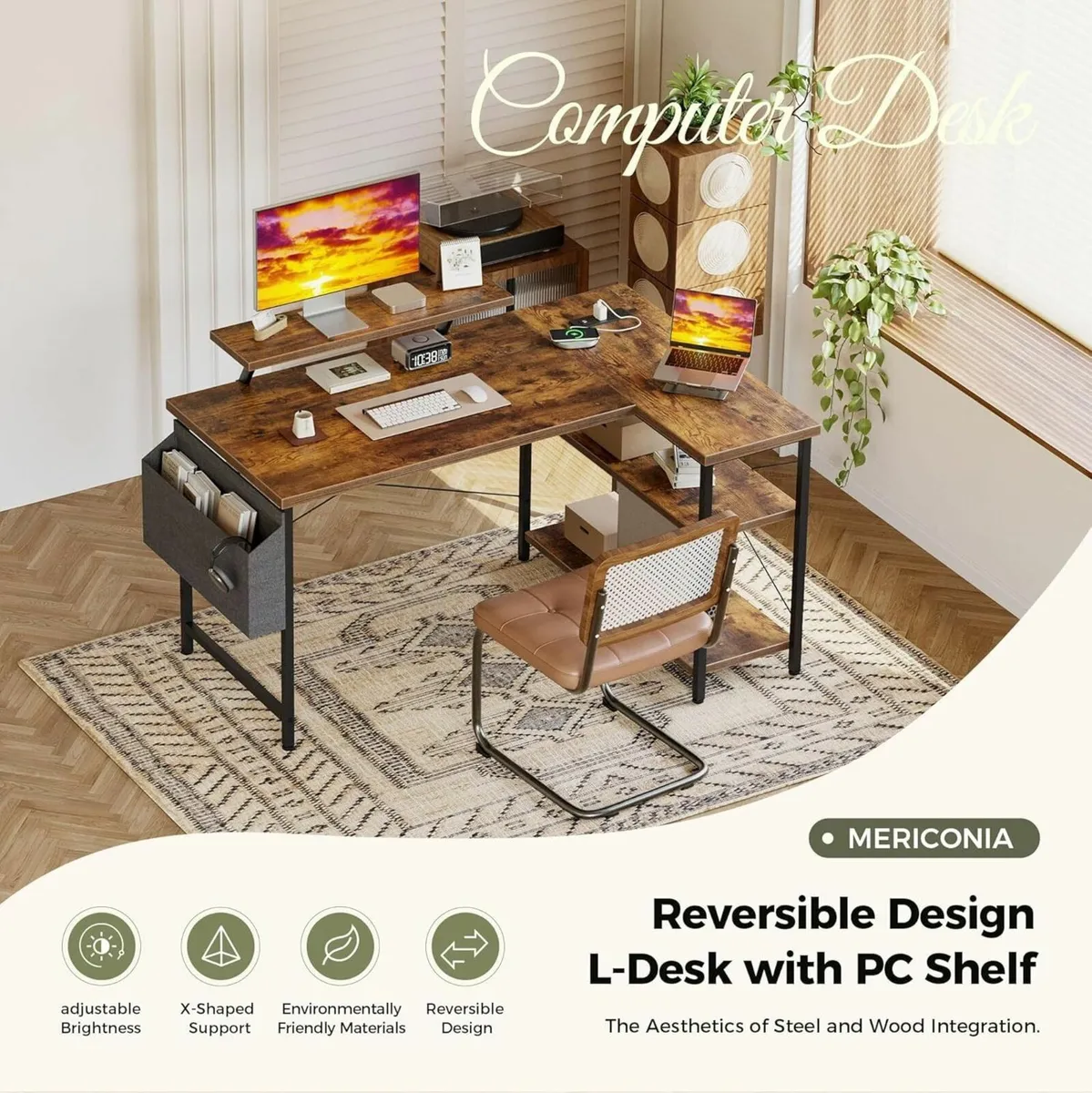 L-shaped desk 120x70cm gaming table with 2 - Image 3