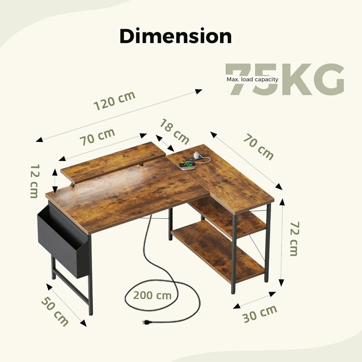 L-shaped desk 120x70cm gaming table with 2 - Image 2