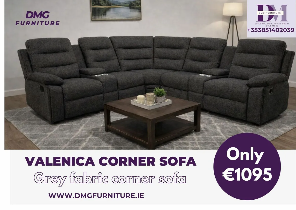 New Valencia Charcoal Grey Fabric Corner Sofa - Image 1
