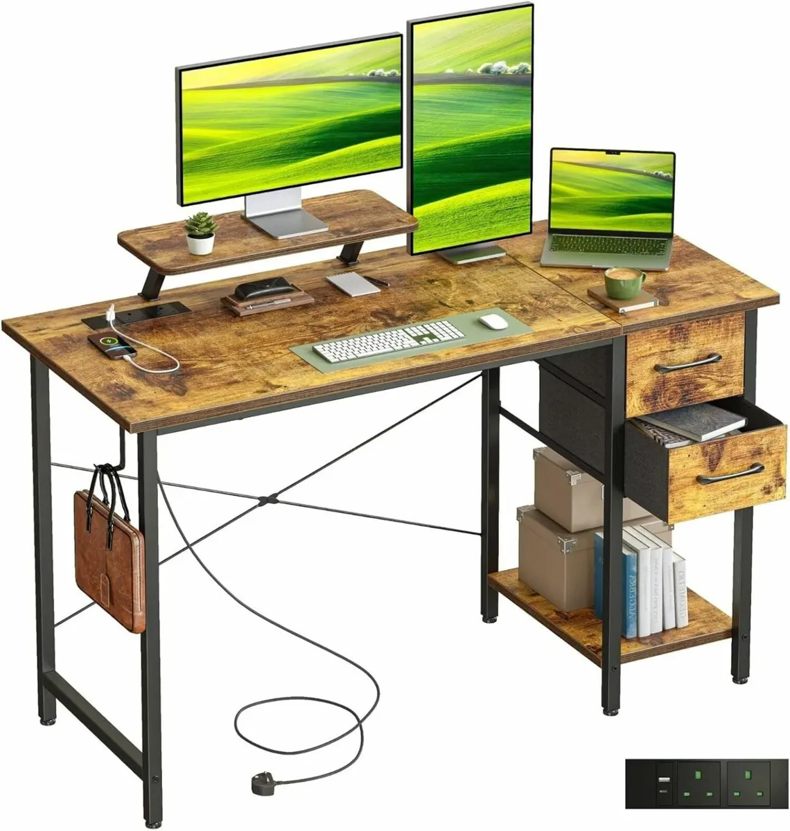 Computer Desk with Drawers Power Outlets 120x50cm - Image 1