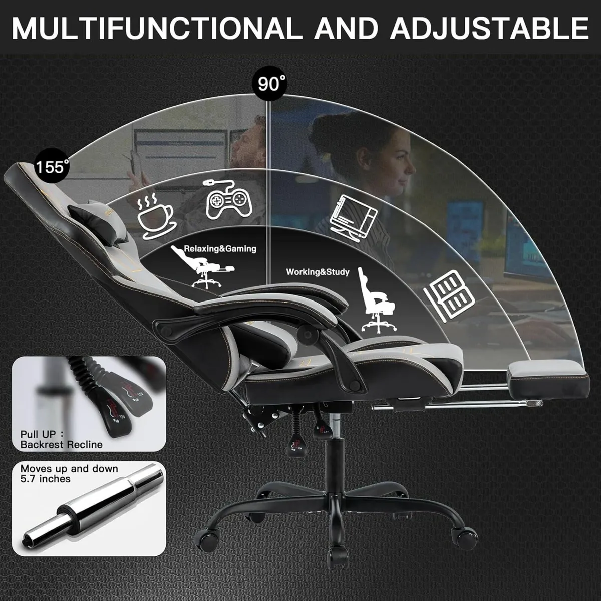 Gaming Chair Ergonomic Computer with Headrest and - Image 4