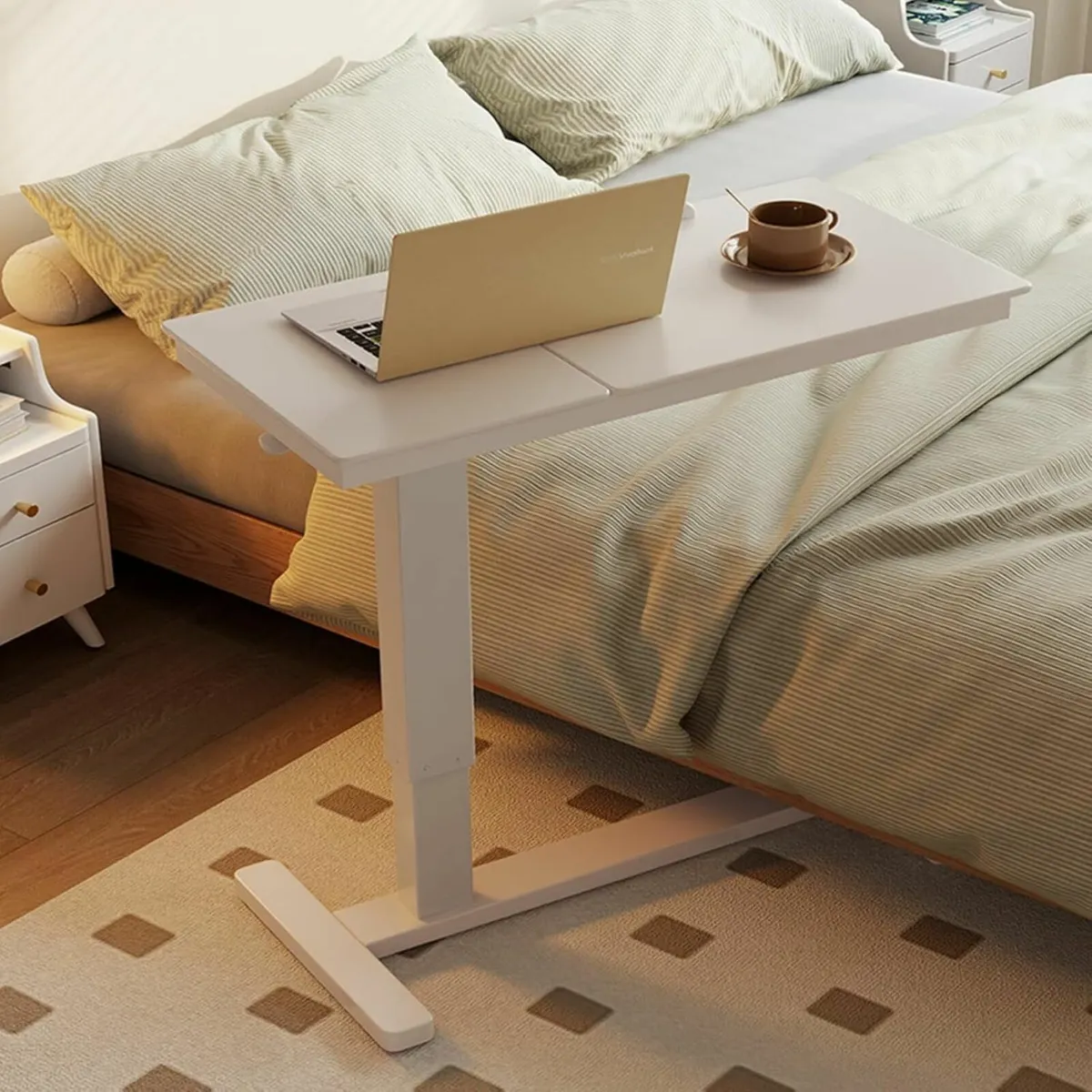 Adjustable Overbed Table with Wheels Solid Wood - Image 1
