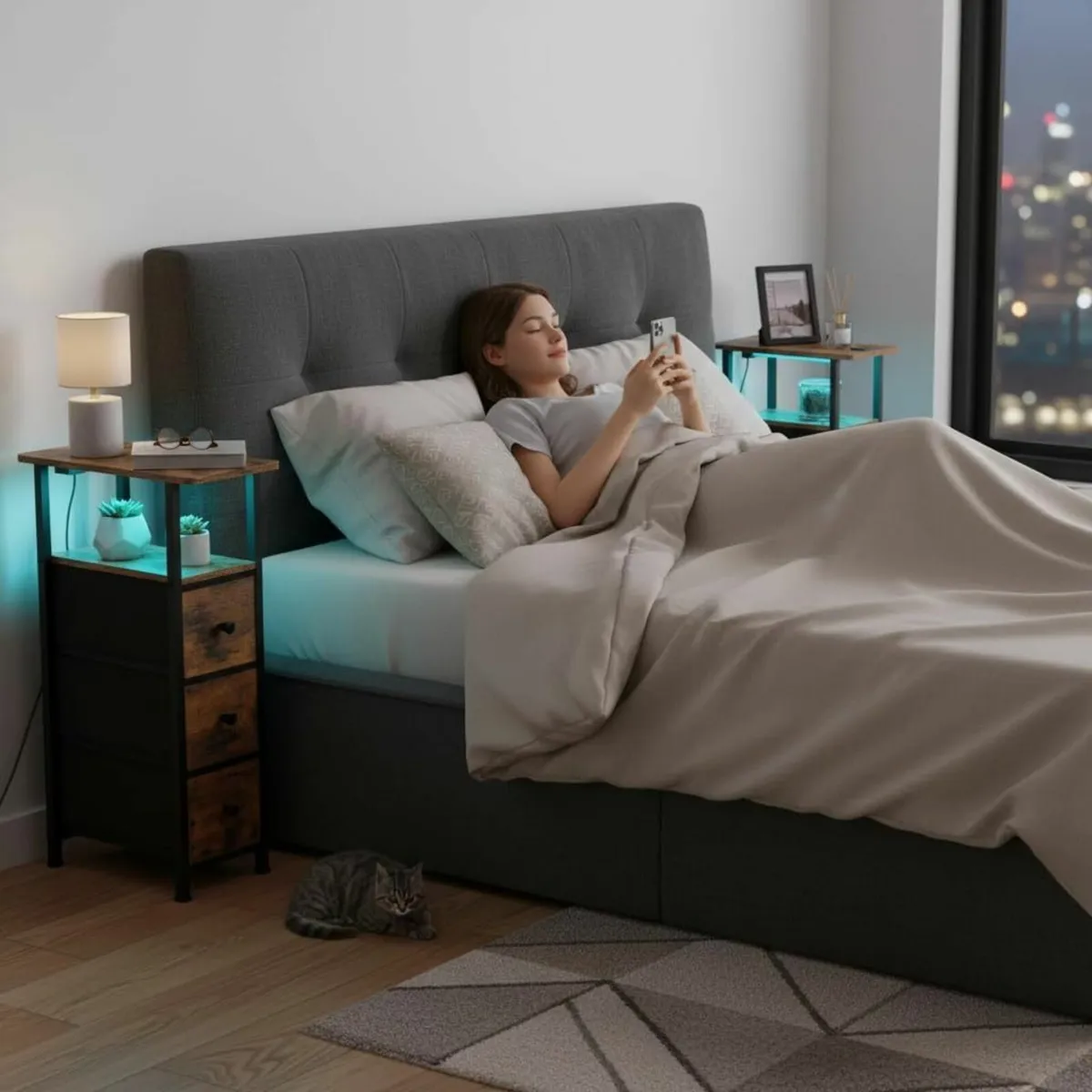 Slim Bedside Table Set of 2 Narrow Side with - Image 2