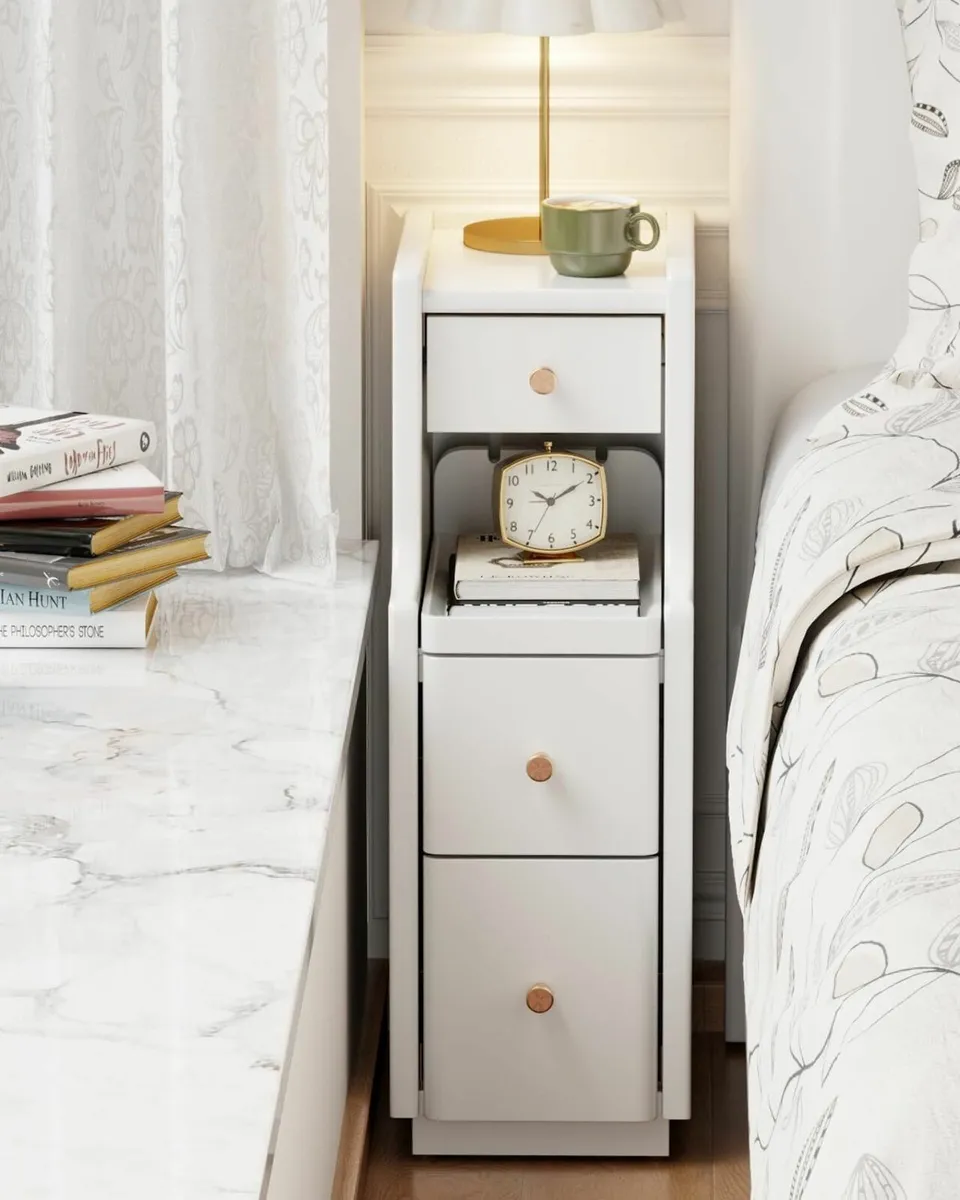 Slim Bedside Table with 3 Drawers and Shelf Small - Image 1