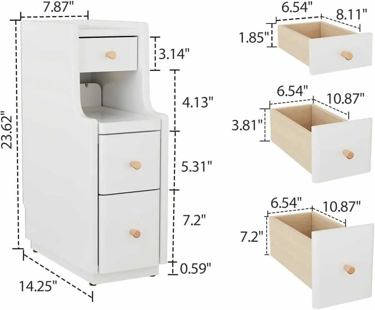 Slim Bedside Table with 3 Drawers and Shelf Small - Image 2