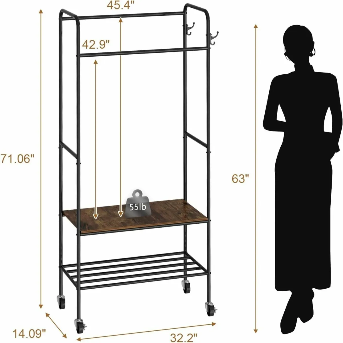 Double Rods Clothing Garment Rack with Wheels and - Image 3