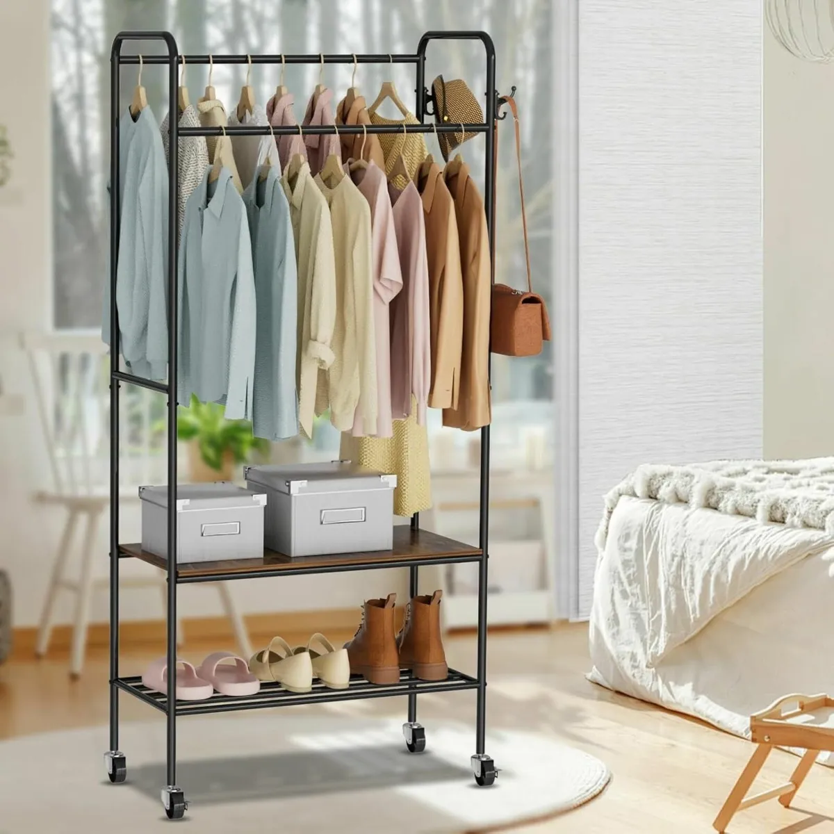 Double Rods Clothing Garment Rack with Wheels and - Image 4