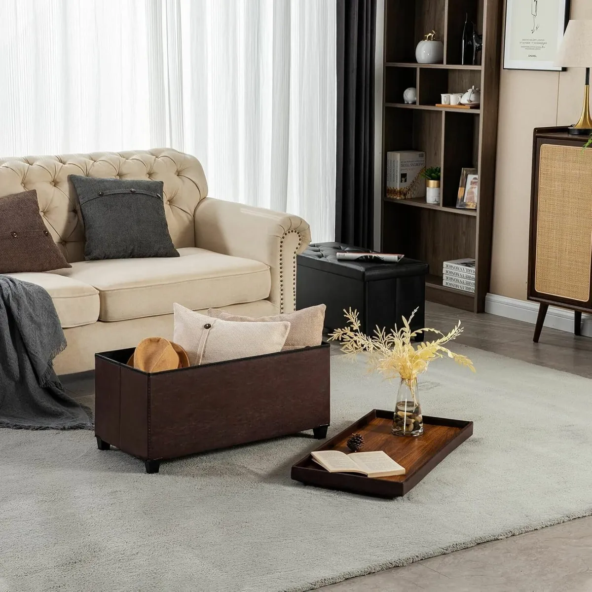 Ottoman Storage Box with 4 Wood Legs Faux Leather - Image 2