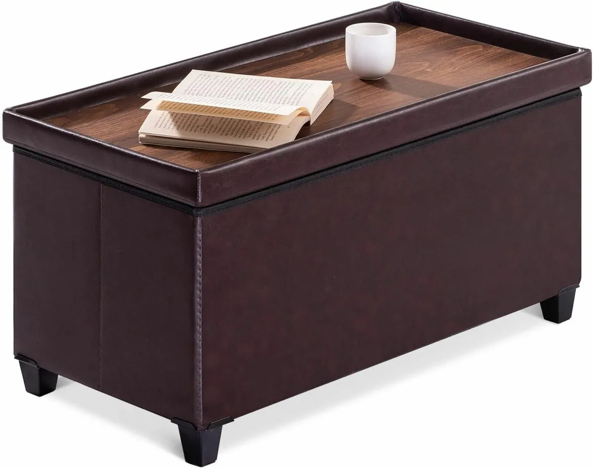 Ottoman Storage Box with 4 Wood Legs Faux Leather - Image 4