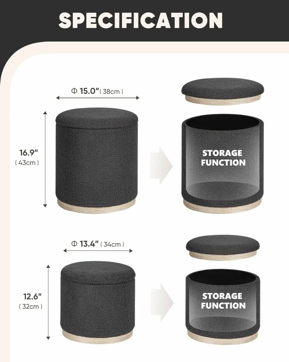 Round Grey Ottoman with Storage Set of 2 Makeup - Image 3