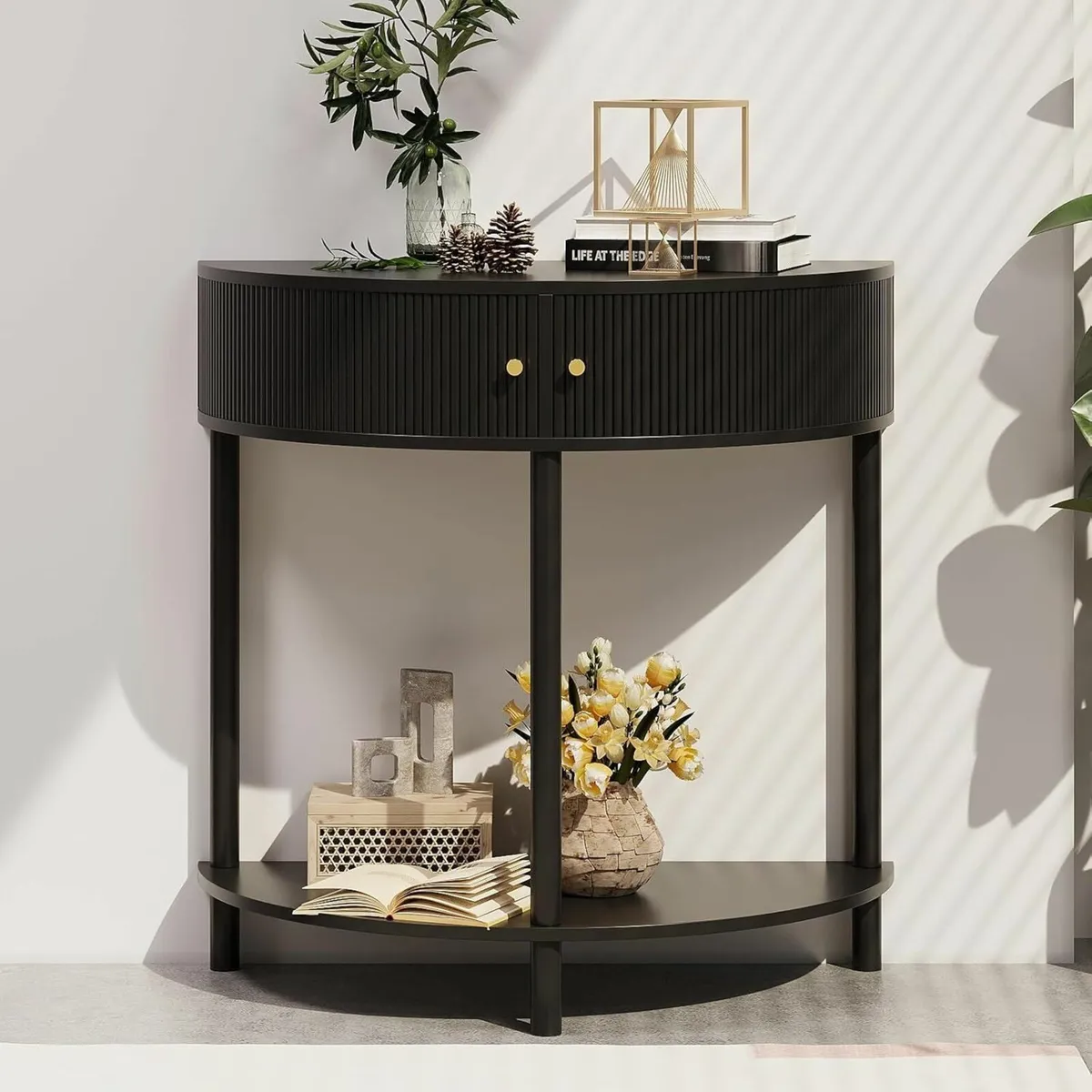 Fluted Half Moon Console Table with Storage Slim - Image 1