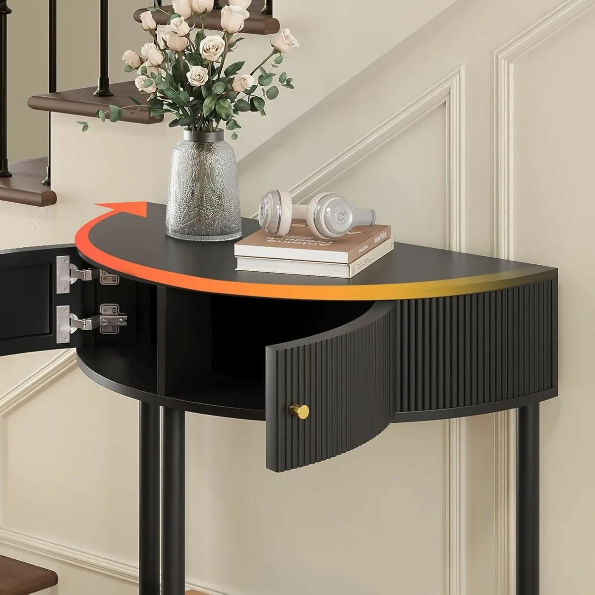 Fluted Half Moon Console Table with Storage Slim - Image 4