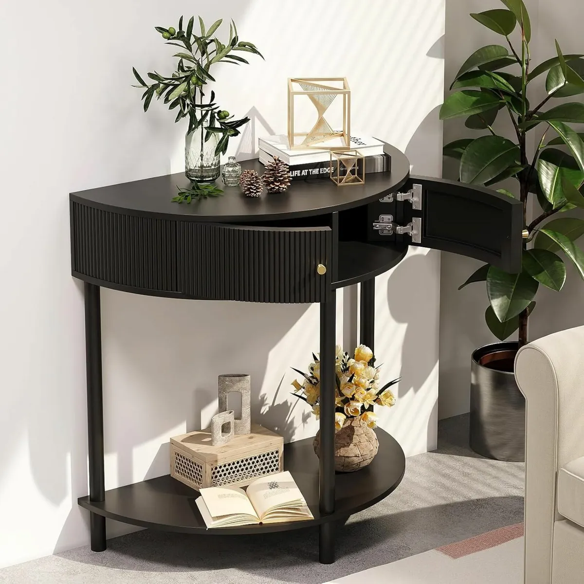 Fluted Half Moon Console Table with Storage Slim - Image 3