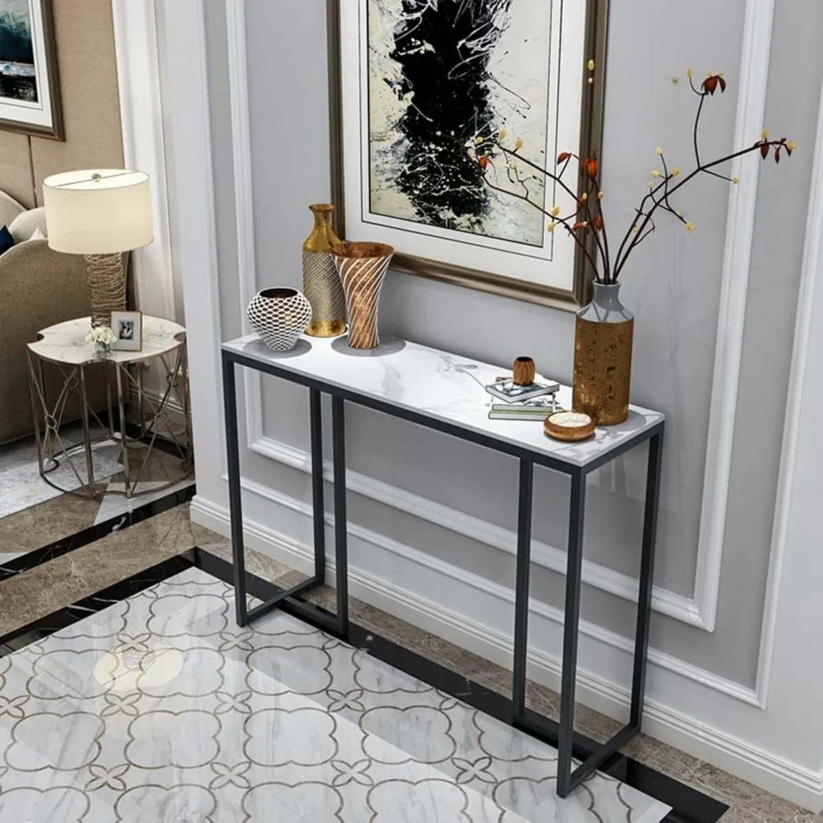 Slim Console Table Hallway Unit: White Marble Top - Image 2