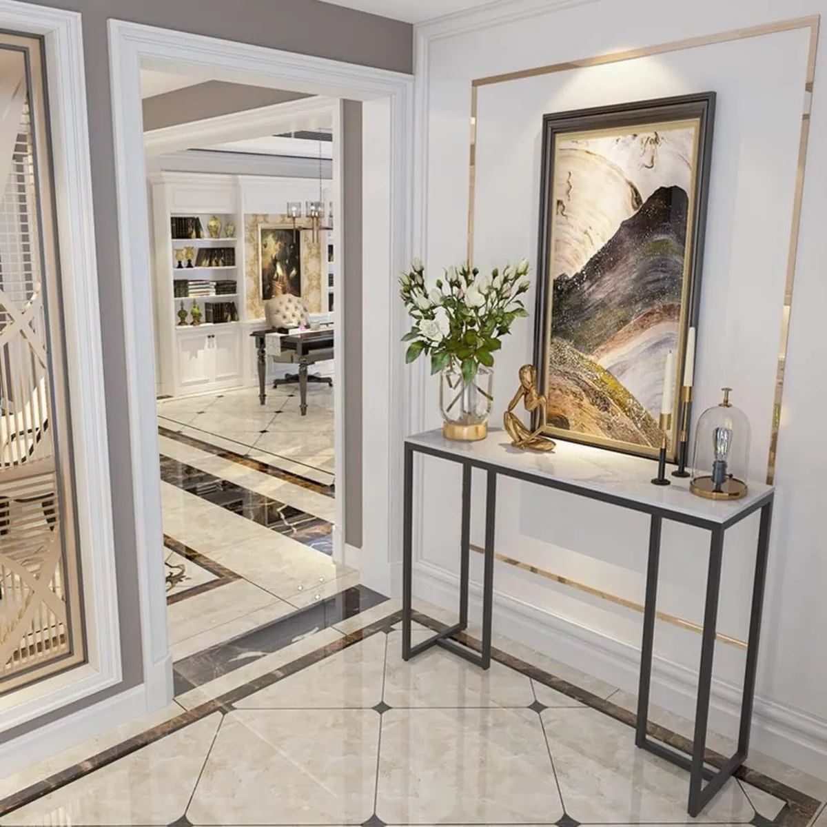 Slim Console Table Hallway Unit: White Marble Top - Image 4