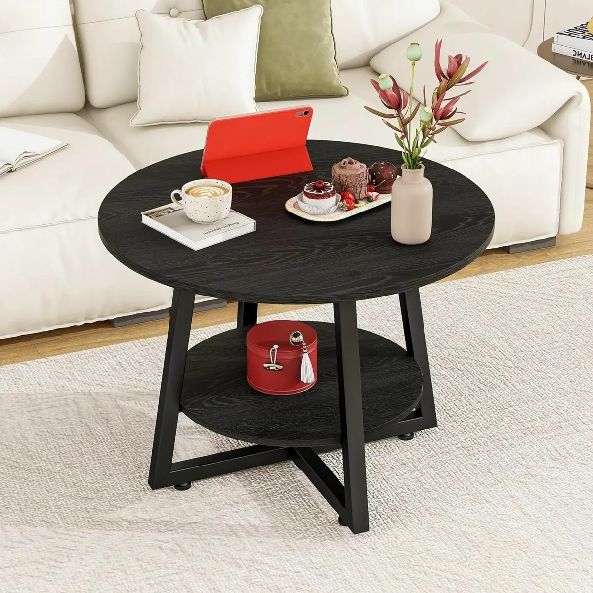 Round Coffee Table with Storage Shelves 2-Tier - Image 1
